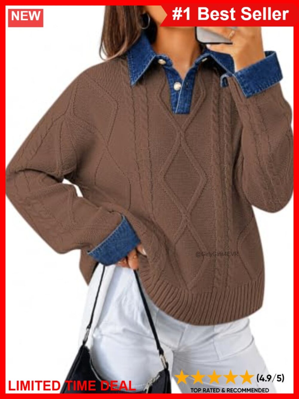 Cable Knit V-Neck Polo Pullover Sweater Oversized Tunic 100% Acrylic